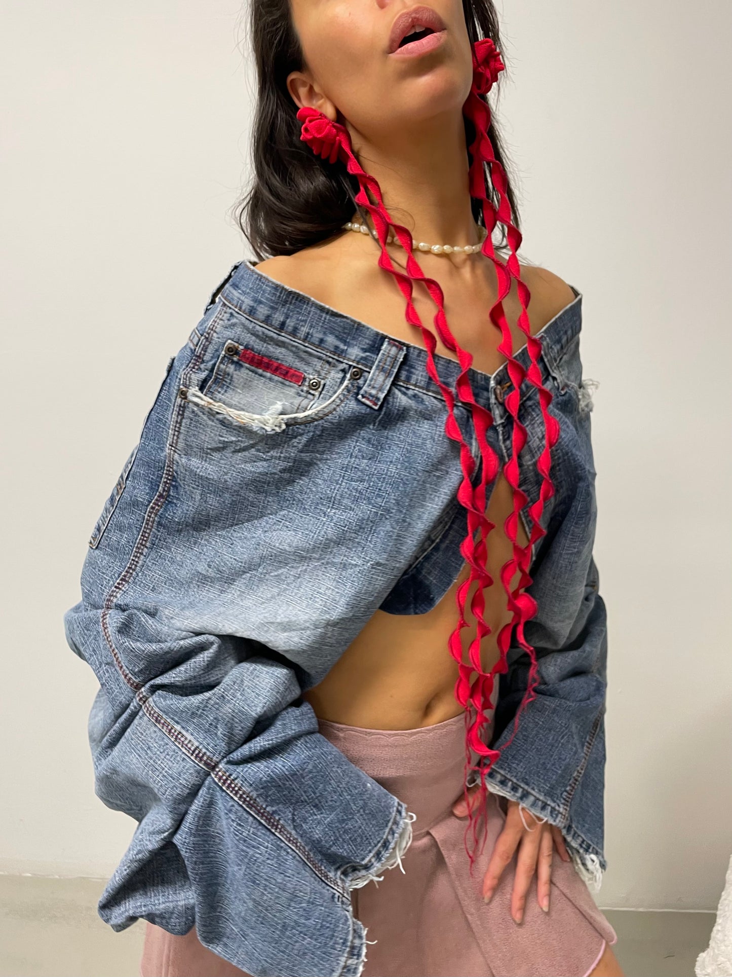 1/1 REWORKED DENIM SLEEVES RED TONES